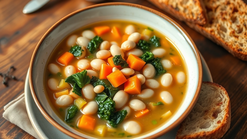A bowl of white bean stew with carrots, celery, and kale, served with crusty bread on a rustic wooden table.